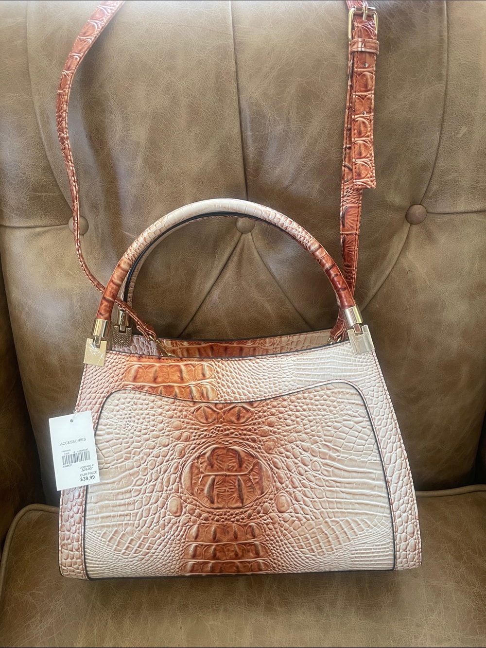 Croc-Embossed Satchel Handbag in Burnt Orange-Cream